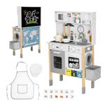 OOOK Kids Kitchen Playset with Garbage Classification, Wooden Pretend Play Kitchen with Sound and Light, Kitchen Set for Kids Equipped with Blackboard, Worldmap ect., Gift for Boys and Girls Aged 3+