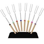 8 PCS Marshmallow Toasting Forks, Barbecue Forks Marshmallow Roasting Sticks Extendable Stainless Steel Hot Dog Fork with Wooden Handle Grilling Skewers for Fire Pit and BBQ Campfire Party