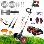 Electric Weed Wacker Eater Cordless, Weed Wacker Battery Powered, Weed Trimmer with 2 21V/2Ah Battery Operated & 26 Blades & Wheels, No-String Grass Trimmer/Brush Cutter/Edger for Garden Yard