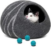 MEOWFIA Premium Felt Cat Bed Cave (Dark Grey/Medium) and Wool Ball Toys (6-Pack) Bundle