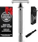 Viking Revolution Long Handle Double Edge Safety Razor - Butterfly Open Razor with 10 Japanese Stainless Steel Double Edge Safety Razor Blades - Close, Clean Shaving Razor for Men (Chrome Metal Razor)