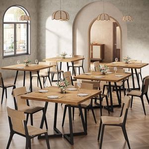 Tribesigns Square Commercial Dining Table Set of 4, 31.5" Farmhouse Dinner Table with Metal Base, Wooden Kitchen Table for Restaurant, Cafe, Bakery, School, Apartment, Natural & Black