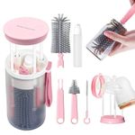 Parssufy Portable Baby Bottle Brush Kit Travel Feeding Bottle Cleaning Set Nursing Bottle Cleaner with Extendable Silicone Bottle Brush/Nipple Brush/Straw Brush/Drying Rack/Soap Dispenser/ (Pink)