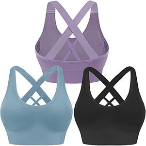Evercute Sports Bra for Women Padded Medium Support Criss Cross Strappy Bras Seamless High Impact Yoga Exercise Athletic Bras, Black Purple Blue 3 Pack, Medium