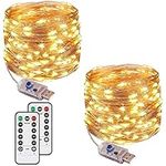 Augone [2 Pack] Fairy String Lights, 120LED 12M/40Ft 8 Modes USB Plug in Powered Lights Waterproof Outdoor/Indoor Copper String Lights with Remote Timer for Bedroom, Party, Christmas (Warm White)