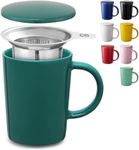 Tea Cup with Infuser and Lid - 400ml Large - Green Ceramic Mug - Long Warmth - Scratch Resistant - Dishwasher Safe