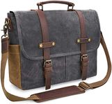 Mens Messenger Bag 15.6 Inch Waterproof Vintage Genuine Leather Waxed Canvas Briefcase Large Satchel Shoulder Bag Rugged Leather Computer Laptop Bag, Grey