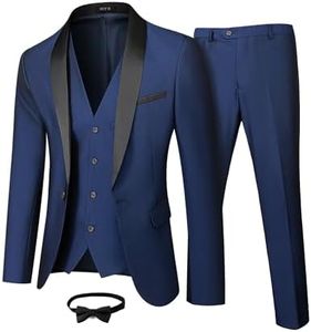 MY'S Mens 3 Piece Tuxedo Set with Bow Tie, Shawl Lapel One Button Jacket Vest & Pants, Slim Fit Suit Prom Party Wedding Tux, Deep Blue