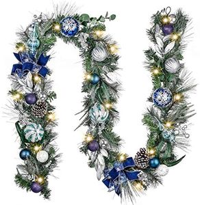 Valery Madelyn 9 Feet Pre-Lit Christmas Garland with Lights for Mantle, Lighted Outdoor Xmas Garland with Silvery Blue Ball & Ribbons for Home Stairs Fireplace Table Centerpiece Indoor Holiday Decor