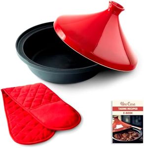 Uno Casa Cast Iron Tagine Pot Moroccan for Cooking - 3.65 Quart Tajine Pot Moroccan with Enameled Cast Iron Base and Ceramic Lid, Finest Cookware - Tangine Pot Red Double Oven Mitts Included