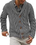 YAOBAOLE Men's Shawl Collar Cardigan Sweaters Cable Knitted Aran Sweater with Buttons Light Gray M