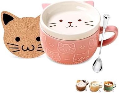 Gifts for Women Her Cute Kawaii Pink Cat Coffee Mugs with Lids,Christmas Birthday Presents for Girls Friend Kids Men Wife Mum Grandma Teacher,Novelty Animal Coffee Ceramic Tea Cup Dessert Saucer Set