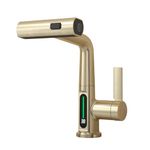 Modern Digital Bathroom Sink Faucet Single Handle Pull-Up Vanity Sink Faucet,Homili Countertop Tap with Pull-Down Spray,Three Water Outlet Modes (LED-Brushed Gold)