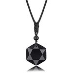 Black Obsidian Pendant Necklace, Hexagram Pendant Necklace Amulet Star Stone Necklace Hexagonal Stone Black Healing Crystal Necklace Reiki Necklace Black Gemstone Necklace for Women Men Teen Girls