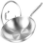 DELARLO Woks & Stir-Fry Pans, 13 in Stainless Steel Pan with Lid, Large Cooking Surface, Tri-Ply Stainless Steel Wok Pan,High Side 3 Layer Stainless Steel Saute Pan, Wok for induction cooktop, 600℉