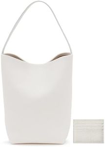 Genuine Leather Bucket Bag with Credit Card Holder Wallet, First Layer Pebble-grained Calfskin Tote Bag, Leather Handbag with Cotton Insert Pocket (White, Small)