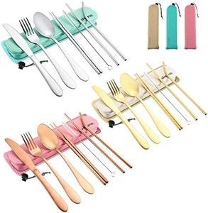 NAMUPIE Stainless Steel Travel Utensil Set 9 Piece Reusable Travel Utensils Silverware with Case,Travel Camping Cutlery Set, Knives, Forks and Chopsticks for Camping, Portable Flatware Cutlery Set with Case (BEIGE)