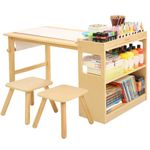 Bateso Kids Art Table and 2 Chairs with Roll Paper, Craft Table with Large Storage Shelves, Drawing Desk, Kids Activity Table and Study Table, Activity & Crafts for Children Wooden Furniture