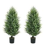 CAPHAUS 3 FT, 36 Inch Artificial Cedar Tree Set of 2, Natural Faux Plants for Outside Planter, UV Resistant, Fake Boxwood Topiary w/Dried Moss, Artificial Tree Indoor, Outdoor Patio Decor