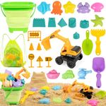 FUNWEGOT Beach Sandbox Toys with Collapsible Bucket, Truck Car, Beach Shovel, Sand Castle Kit, Animal Molds, Mesh Bag, Travel Summer Outdoor Toys for Kids Toddlers Boys Girls Age 3+(27PCS)