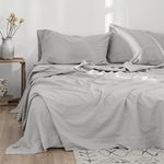 BISELINA French Linen Sheet Set Basic Style 4PCS (1 Flat Sheet & 1 Fitted Sheet & 2 Pillowcases) Flax Cotton Blend Solid Color Soft Breathable Bedding (Queen, Grey)