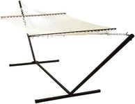 Sunnydaze Double Polyester and Cotton Rope Hammock with 15-Foot Steel Stand - 400-Pound Capacity - Black Stand - Cream