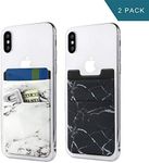 Newseego 2 Pack of Mobile Phone Cards Double Pouch Stick on Wallet Card Holder Phone Pocket Pouch Stretchy Phone Card Holder Stick On Sleeve for Most Smartphones (White & Black Marble)