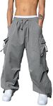 OYOANGLE Men's Cargo Pants Elastic Waist Flap Pockets Hip Hop Baggy Harem Pants Grey XXL