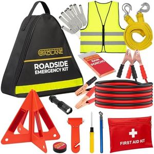GADLANE Kit de emergencia para averías de coche, kit de emergencia grande para carretera con triángulo de advertencia, arrancadores de salto, cuerda de remolque, kit de primeros auxilios