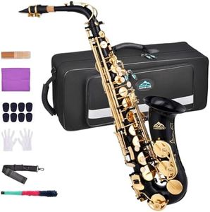 EASTROCK Black/Golden Alto Saxophone E Flat Sax Full Kit for Students Beginner with Carrying Case,Mouthpiece,Mouthpiece Cushion Pads,Cleaning Cloth&Cleaning Rod,White Gloves,Neck Strap