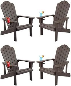 Adirondack Chair Set of 4, Adirondack Chair Weather Resistant with Cup Holder, Imitation Wood Stripes, Easy to Assemble, Outdoor Chair for Patio, Backyard Deck, Fire Pit Lawn Porch- Dark Brown