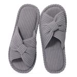 Evshine Summer House Slippers for Women Corduroy Cross Bow Indoor Slippers Open Toe Slip On Bedroom Shoes with Memory Foam, Grey 250 (Size 6-6.5)