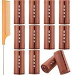 12 Pieces Hair Perm Rods Set Cold Wave Rods Plastic Perming Rods Hair Curling Rollers with Stainless Steel Rat Tail Comb Pintail Comb for Hairdressing Styling Tools (1.57 Inch, Brown)