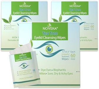 NOVEHA Tea Tree Oil Eyelid & Lash Wipes With Hyaluronic Acid, Green Tea & Chamomile For Blepharitis & Itchy Eyes, Individually Wrapped Eyelash Wipes Natural Makeup Remover & Daily Cleanser (Pack of 3)