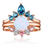 JIANGYUE 3 Piece Ring Set for Women Rose Gold Plated White Opal Ring Embellished with Two Cubic Zirconia Crown Round Cut Engagement Wedding Promise Bands Valentine Bridal Gift Size 5-13