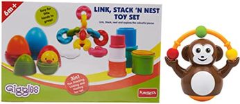 Giggles - Link Stack N Nest Toy Set, Multicolour 3 in 1 Gift Set, Develops Motor Skills, 6 Months & Above Push N Crawl Monkey, Tummy Time Activity Toy 6 Months & Above, Multicolor