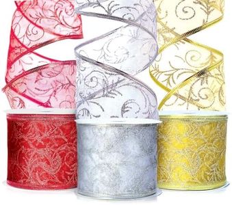 Wired Ribbon for Gift Wrapping Organza Ribbons Xmas Christmas Holiday Sheer 2.5 Inch Wide Wire Edged Red Gold Silver/White Glitter Tree Decoration Crafts/Craft, Gifts Wrap 30 Yards/10 Yard Ea. Roll