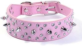 haoyueer Spiked Studded Dog Collar Stylish Leather Dog Collar, with Bullet Rivets and Rhinestones, Soft and Adjustable for Medium and Large Dogs(Pink,S)