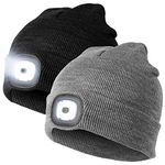 DRQ Unisex LED Beanie Hat with Light, 4 LED USB Rechargeable Headlamp Winter Warm Knitted Cap, Hands Free LED Lighted Battery Powered Headlamp Hat for Hiking, Biking, Camping,Walking,Running (2 Pack)