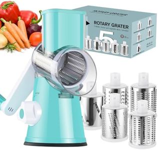 Ourokhome Rotary Cheese Grater Hand Crank, Kitchen Shredder Speed Mandolin Slicer Ice Shaver with Handle and Drum Blades for Cheese, Vegetable, Nuts, Chocolate, Potato, Carrot, 5 Blades, Blue