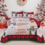 Menghomeus Christmas Quilt Set King Reversible Bedspread Coverlet Red Green Plaid Patchwork Quilt Set Xmas Tree Elk Holiday Bedding Set, 3 Pieces 1 Quilt 2 Pillow Shams