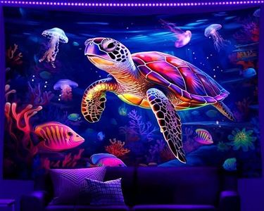 QGHOT Turtle Tapestry, Blacklight Ocean Tapestry Wall Hanging Undersea Black Light Poster for Kids Glow in the Dark Kids Tapestry for Bedroom Children Toddler Room Decor 60x50in
