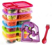 Bento Lunch Box 3 Compartment Food Containers – Set of 6 Storage Meal prep Container Boxes– Ideal for Adults, Toddler, Kids, Girls, and Boys – Free 2-in-1 Fork/Spoon & Puzzle Sandwich Cutter