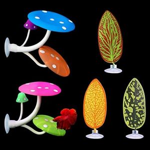 5 pcs Betta Mushroom Hammock + Leaf Pads, Fish Tank Silicone Soft Aquarium Fish Playing Pads with Suction Cup, Aquarium Ornament Fish Tank Decorations Accessories (Mushrooms+Leaves)