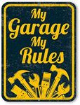 Honey Dew Gifts, My Garage, My Rules 9 inch by 12 inch Retro Vintage Tin Signs, Garage Signs for Dad, Husband, Brother, HDG-1313