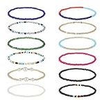 KINBOM 12pcs Handmade Beaded Anklets, Bohemian Anklet Bracelets Colorful Foot Chain Elastic Beaded Ankle Bracelets for Women Girls (With Pearl)