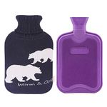 HomeTop Premium 2 Liter Classic Rubber Hot Water Bottle with Elegant Polar Bear Knit Cover (2L, Navy Blue/Purple)