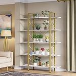 YITAHOME 5-Tier Gold Bookshelf, Artsy Modern Freestanding 5 Shelf Bookcases and Bookshelves, Book Rack, Storage Rack Shelves in in Living Room Home Office, Gold & White