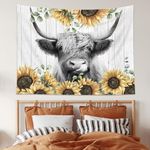 AMBZEK Sunflower Cow Tapestry 59Hx78W Inch Farmhouse Bull Floral Wall Art Western Rustic Farm Country Highland Cattle Funny Animal Wildlife Cute Milk Wall Hanging Bedroom Living Room Dorm Decor Fabric