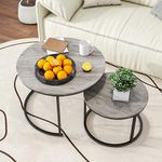 HOJINLINERO Industrial Round Coffee Table Set of 2 for Living Room,Black Coffee Table Nesting Tables Metal Frame with Wood Look,Sturdy and Easy Assembly,Stacking Side Tables Bedroom,Grey Coffee Table